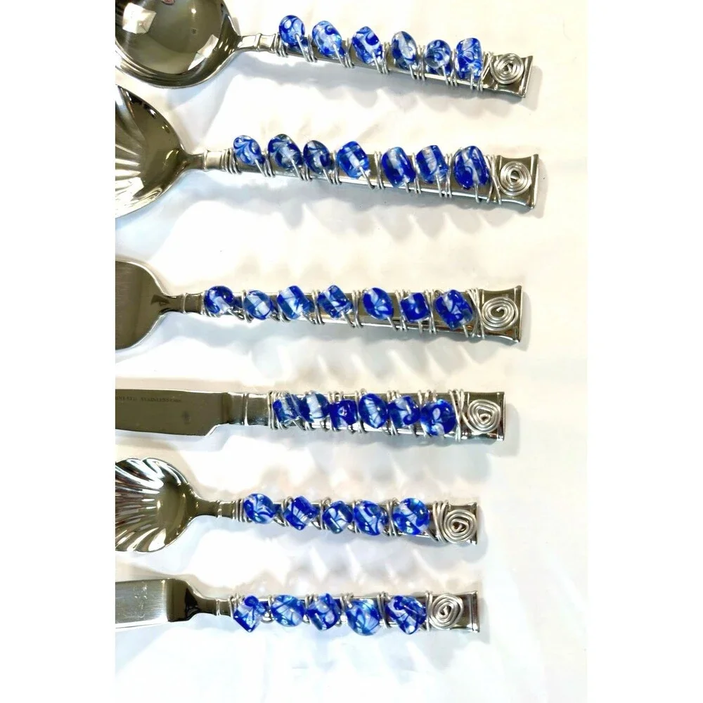 Heritage Mint 6 Pc Beaded Serving Set Blue White Swirl Glass Wire Wrapped